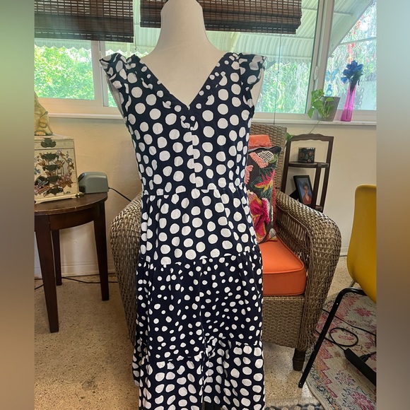 Loft XSP Navy & White Dotted Flutter V-neck Dress - Picture 3 of 3